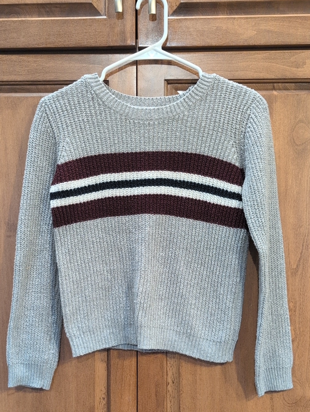 Woven Heart Gray Crewneck Sweater with Burgundy and White Chest Stripes